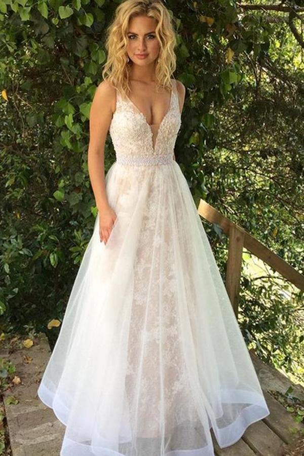 Elegant Ivory White A-Line Tulle Long Prom Dresses with Lace, Evening Dress, MP203