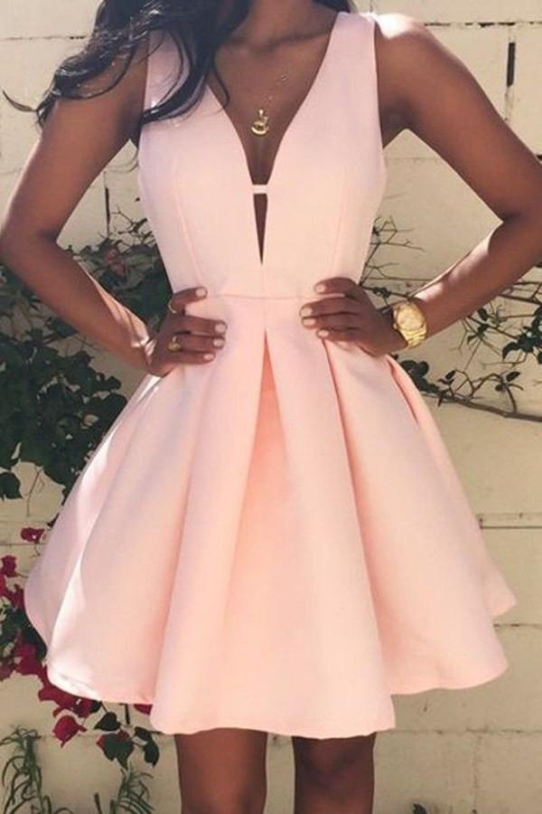 Simple Pink A-line Satin V neck Homecoming Dress, Short Prom Dresses, MH279 Simple Pink A-line Satin V neck Homecoming Dress, Short Prom Dresses, MH279