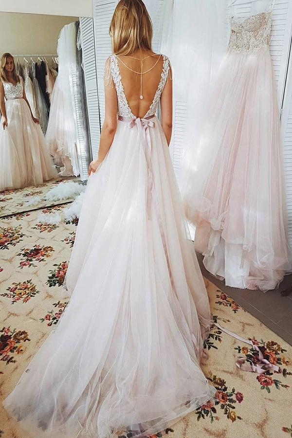 Fabulous Lace A Line Bodice Open Back Beach Wedding Dresses with Sash, MW180 Fabulous Lace A Line Bodice Open Back Beach Wedding Dresses with Sash, MW180