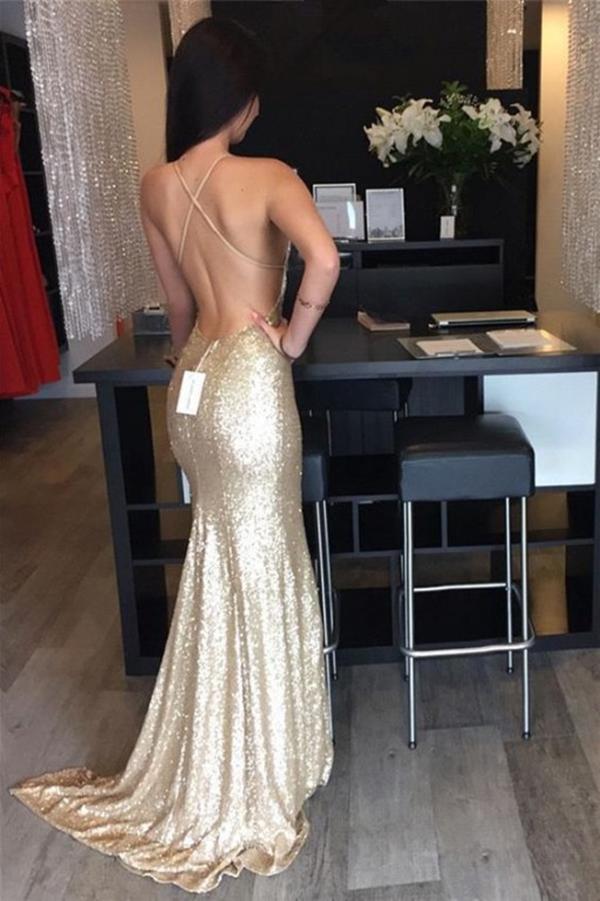 Golden Halter Deep V-Neck Open Back Prom Dress with Sweep Train, MP382 Musebridals Golden Halter Deep V-Neck Open Back Prom Dress with Sweep Train, MP382 Musebridals
