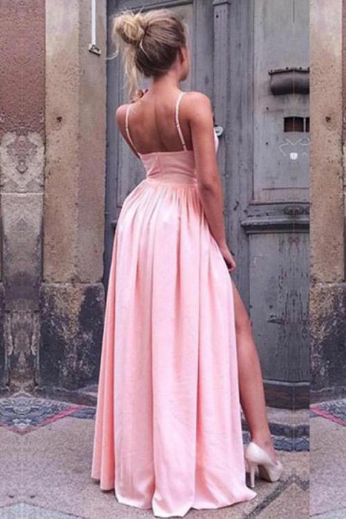 Pink A-Line Spaghetti Straps V neck Prom Dresses with High Split, MP336|musebridals.com