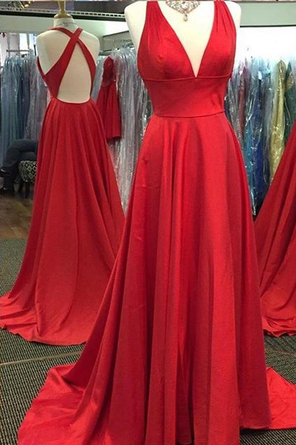 Simple V-neck Long A-line Prom Dresses, Side Slit Red Prom Dresses