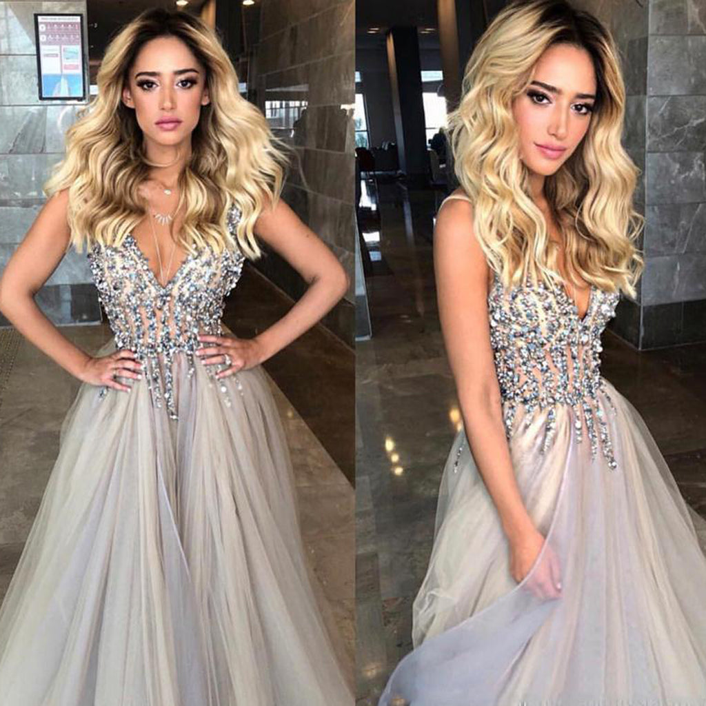 musebridals.com offer Gray Beaded A-Line V-Neck Modest Long Prom Dress with Sweep Train, MP238