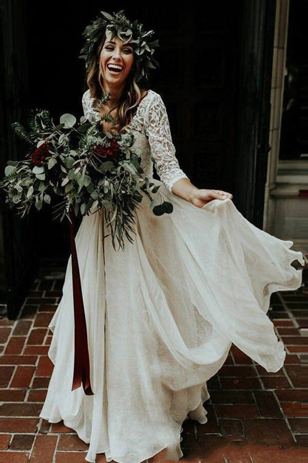 Cheap 3/4 Sleeve Lace Ivory Chiffon Rustic Two Piece Wedding Dress,MW273