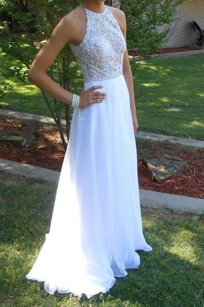 Fabulous White Beaded Halter Sleeveless Long Prom Dress with Beading, MP219  – Musebridals