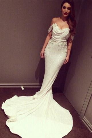 Glittering White Satin Off Shoulder Court Train Mermaid Prom Dresses, MP410