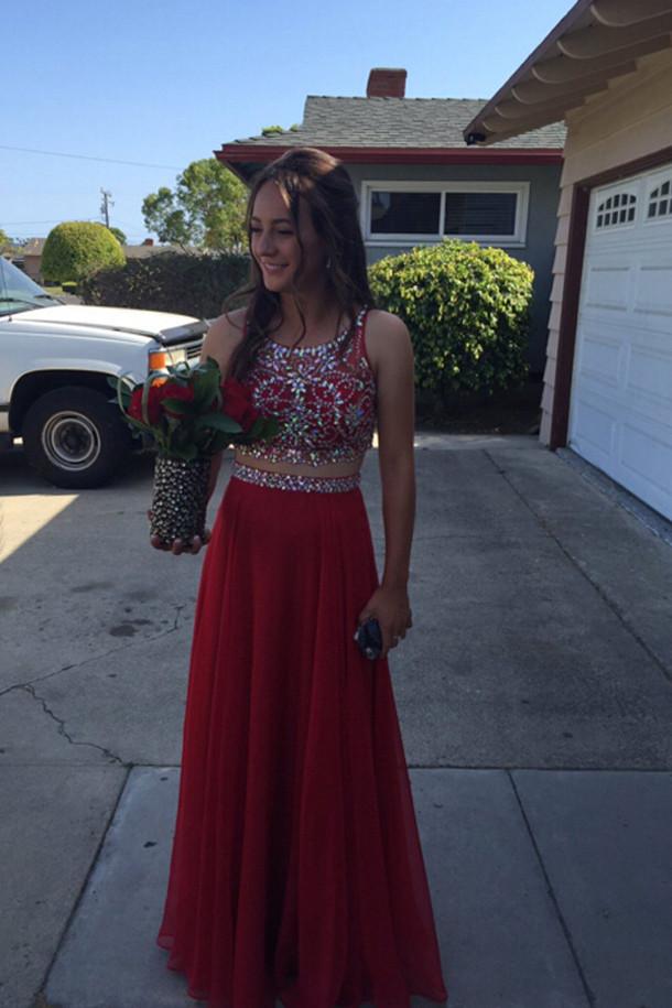 Red Chiffon Two Pieces Beaded Off Shoulder Long Prom Dress, Evening Dresses, MP408