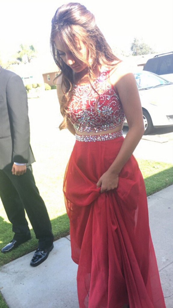 musebridals.com offer Red Chiffon Two Pieces Beaded Off Shoulder Long Prom Dress, Evening Dresses, MP408