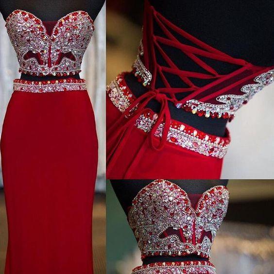 Two Piece Beaded Red Mermaid Lace Up Fashion Long Prom Dresses, MP278|musebridals.com