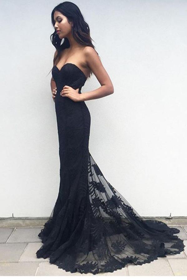 Black Mermaid Lace Sweetheart Long Prom Dress, Chic Party Dress, Evening Dresses, MP129 at musebridals.com