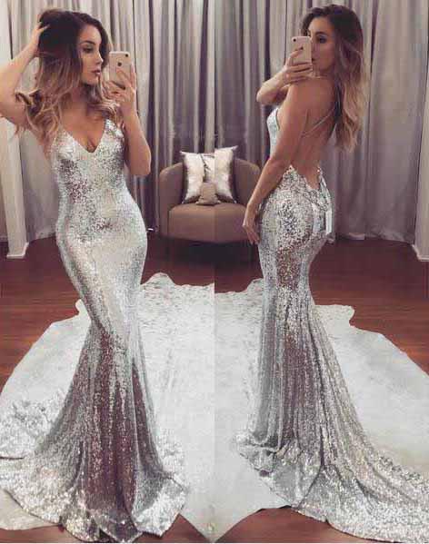 Silver Sequined Mermaid V neck Backless Long Prom Dresses, Evening Dress, MP296|musebridals.com