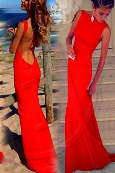White Open Back mermaid High Neck Long Sheath Prom Dresses Evening