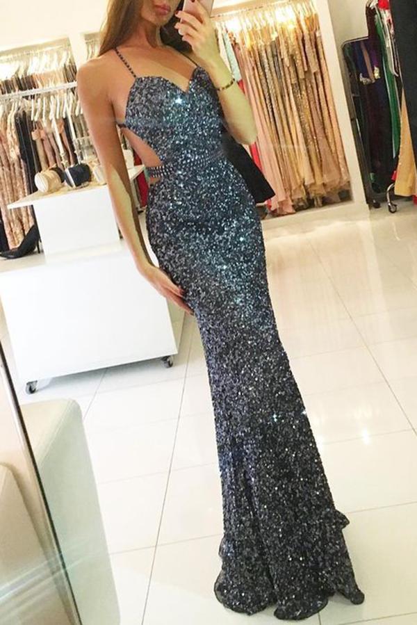 Dark Grey Open Back Mermaid Spaghetti Strap Sequins Long Prom Dresses, MP182