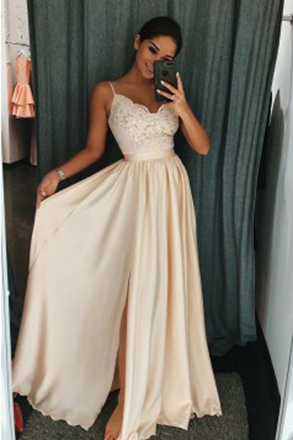 Pearl Pink A-Line Spaghetti Straps Elastic Satin Slit Prom Dresses with Appliques, MP317