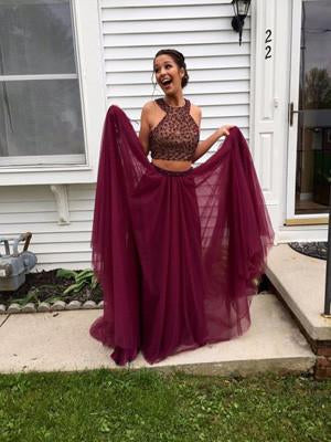 Fabulous Two piece Halter Maroon Backless Long Prom Dress With Beading, MP207 Fabulous Two piece Halter Maroon Backless Long Prom Dress With Beading, MP207