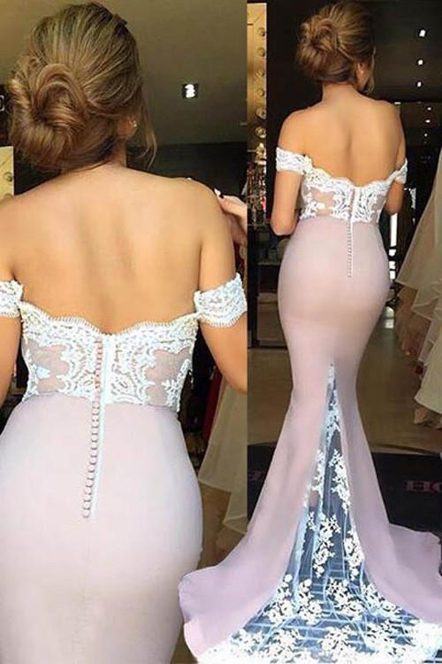 Elegant Off Shoulder Mermaid Sweep Train Long Bridesmaid Dresseswith Lace, MB130 at musebridals.com