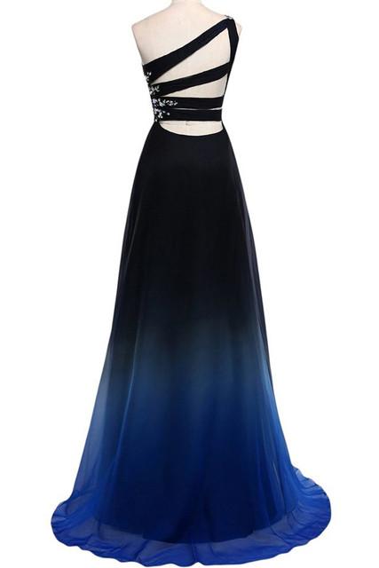 Ombre A-line Chiffon One Shoulder Sweep Train Long Prom Dresses With Beads, MP313|musebridals.com