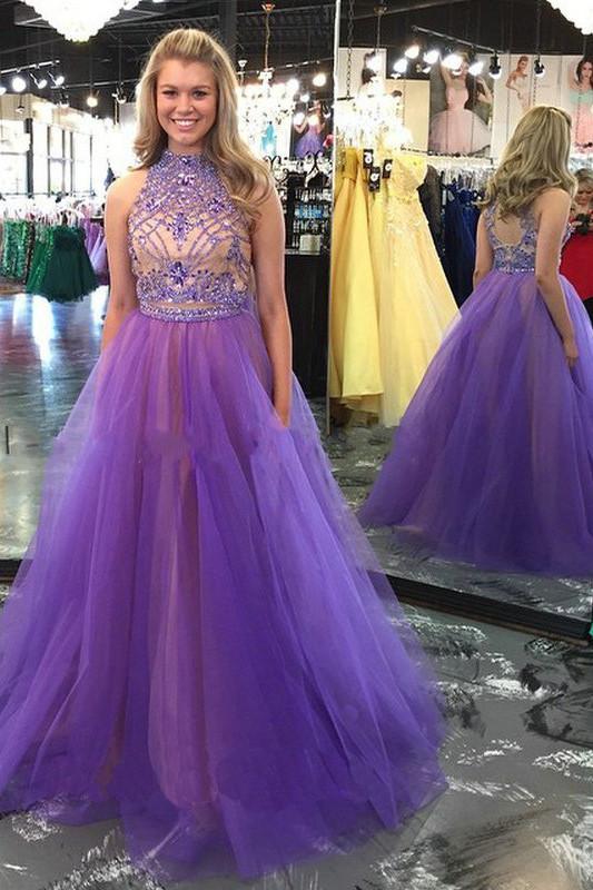 Two Piece High Neck Backless Lavender Long Prom Dress, Evening Dress with Beading, MP103 Two Piece High Neck Backless Lavender Long Prom Dress, Evening Dress with Beading, MP103