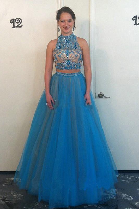 Two Piece High Neck Backless Lavender Long Prom Dress, Evening Dress with Beading, MP103 at musebridals.com