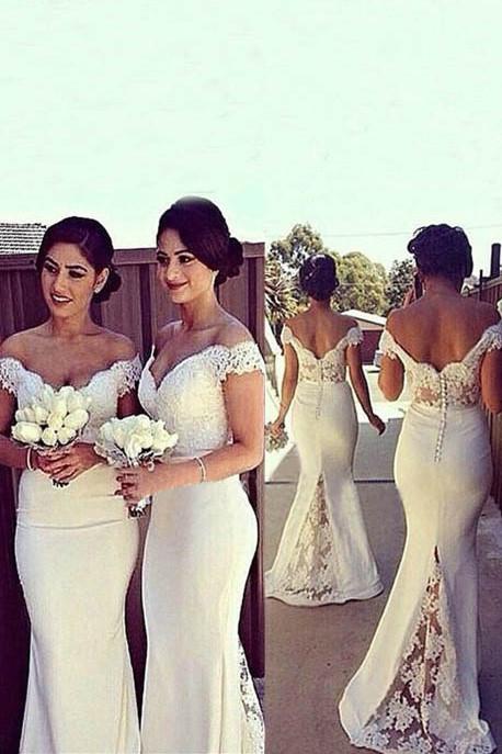 White Off Shoulder Mermaid Lace Chiffon Floor Length Bridesmaid Dresses,  MB144
