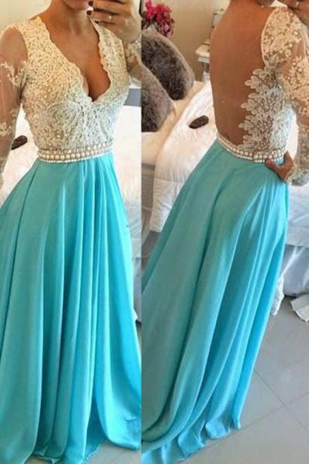 Blue Open Back V-neck Chiffon Prom Dresses, Formal Dress With Long Sleeves, MP136