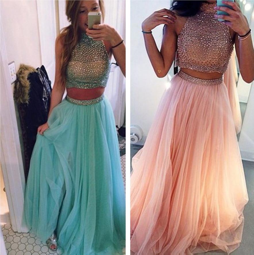 Two Piece A-Line High Neck Sleeveless Long Prom Dress with Beading, MP261|musebridals.com