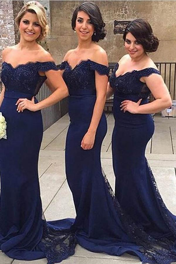 Charming Navy Off shoulder Lace Court Train Mermaid Bridesmaid Dress, MB117