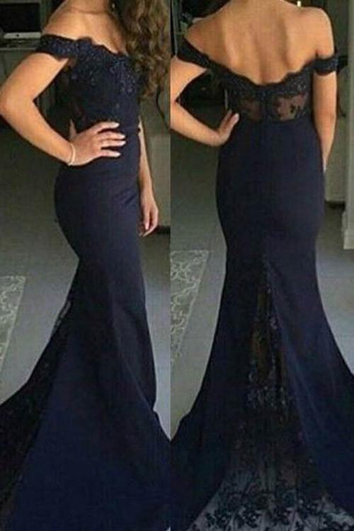Charming Navy Off shoulder Lace Court Train Mermaid Bridesmaid Dress, MB117 at musebridals.com