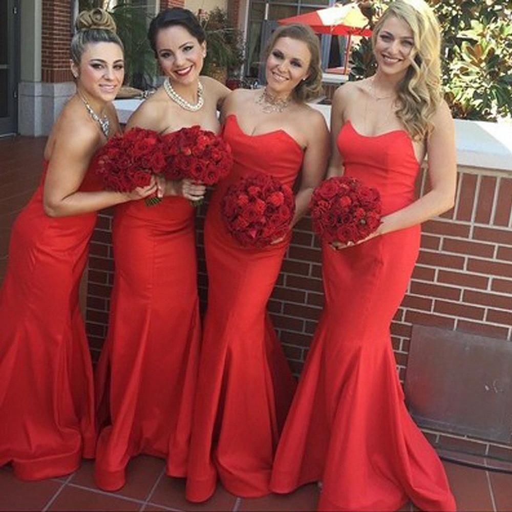 strapless open back dress Red Satin Sweetheart Mermaid Bridesmaid Dresses, Stunning Wedding Party  Dress, MB193