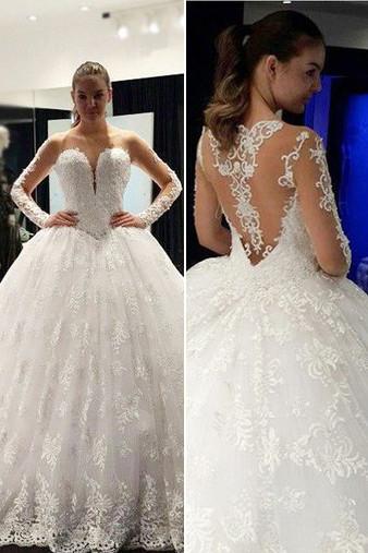 Fabulous Affordable Lace Ball Gowns Long Sleeve Scoop Neck Wedding Dresses, MW108