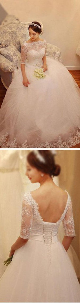 White Lace Tulle Half Sleeve Wedding Dresses with Beading, Bridal Gowns, MW159
