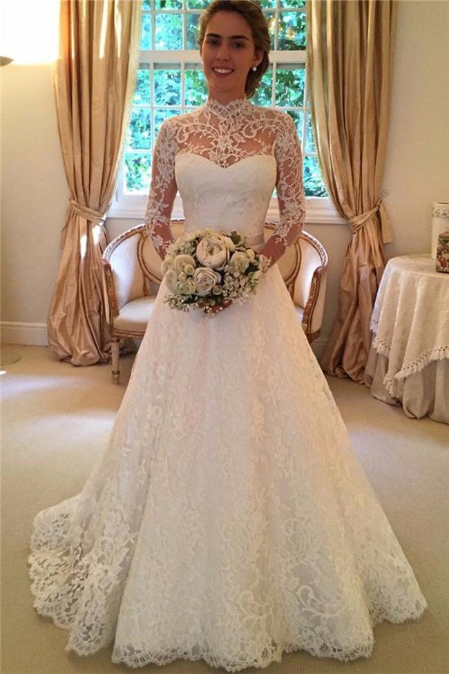 High Neckline Lace A line Long Sleeve Open Back Wedding Dress, Bridal  Dresses, MW166 – Musebridals