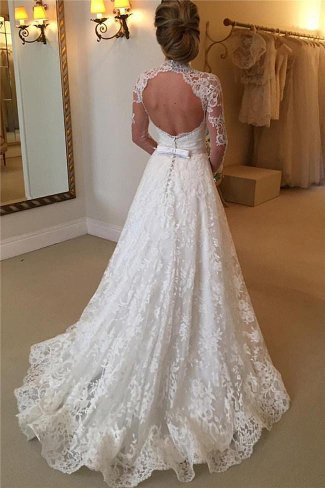 High Neckline Lace A line Long Sleeve Open Back Wedding Dress, Bridal Dresses, MW166 High Neckline Lace A line Long Sleeve Open Back Wedding Dress, Bridal Dresses, MW166