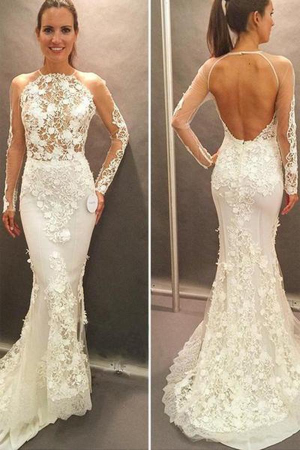 Gorgeous Lace Mermaid Long Sleeve Open Back Wedding Dress Bridal Dresses,  MW182 – Musebridals