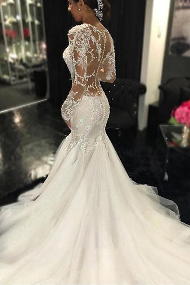 White Long Sleeve Lace See Through Wedding Dress, Elegant Bridal