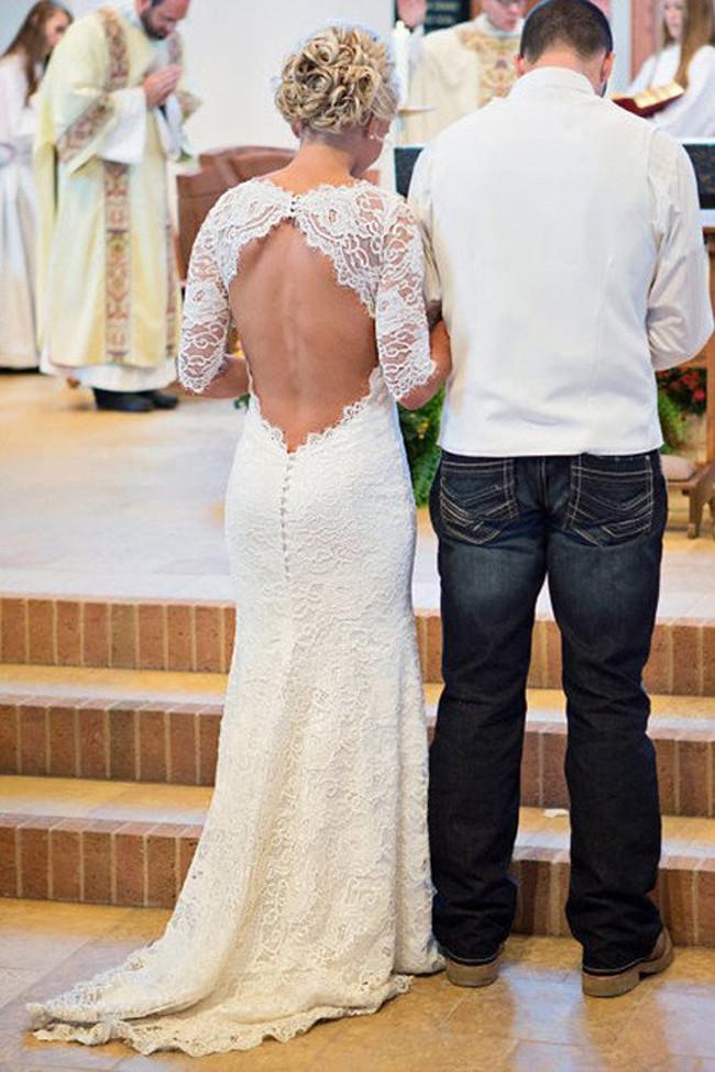 White Lace Open Back Long Sleeve Mermaid Long Wedding Dresses, MW187