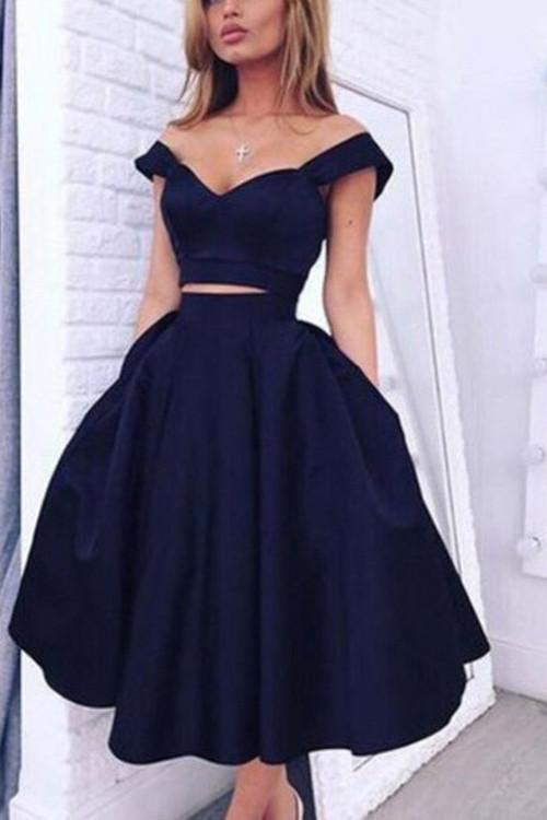 Elegant Dark Navy Two Pieces Off Shoulder Short Homecoming Dresses, MH204 –  Musebridals