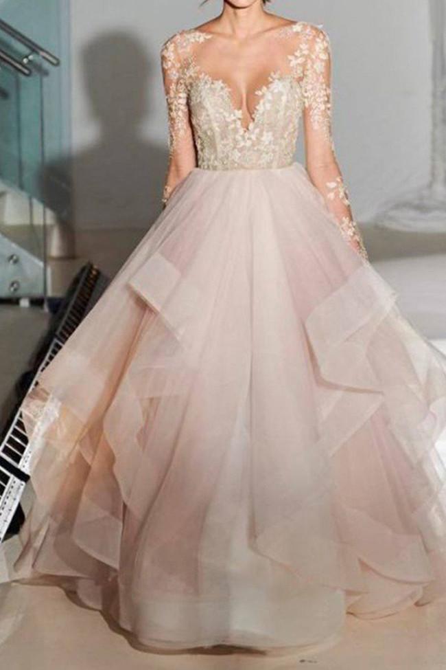 long sleeve colored wedding dresses Open Back Lace A line Long Sleeve Wedding Gowns Bridal Dresses, MW202 –  Musebridals