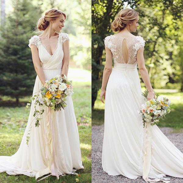 Sheer Back Deep V Neck Short Sleeve Wedding Dresses With Appliques, MW133 Sheer Back Deep V Neck Short Sleeve Wedding Dresses With Appliques, MW133
