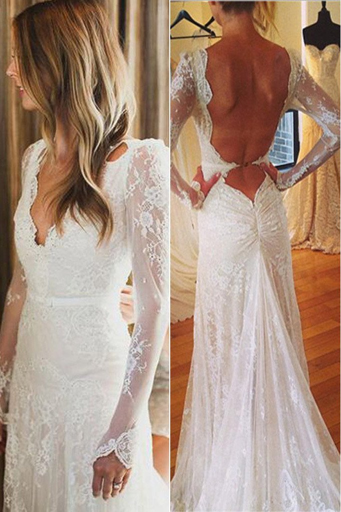 White Tulle Lace Open Back V-neck Mermaid Long Sleeve Wedding Dresses, MW177 White Tulle Lace Open Back V-neck Mermaid Long Sleeve Wedding Dresses, MW177