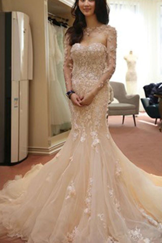 open lace back dress Glittering Two Pieces Pink Mermaid Long Sleeve Wedding Dresses with  Appliques, MW206