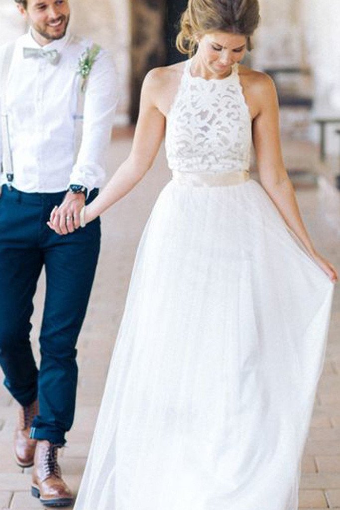 plain white wedding dress Simple White Halter Lace Long Sheath Beach Wedding Dresses Bridal Dresses, MW241