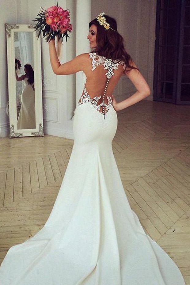 White Lace Mermaid See Through Long Wedding Dresses with Sweep Train, MW185 White Lace Mermaid See Through Long Wedding Dresses with Sweep Train, MW185
