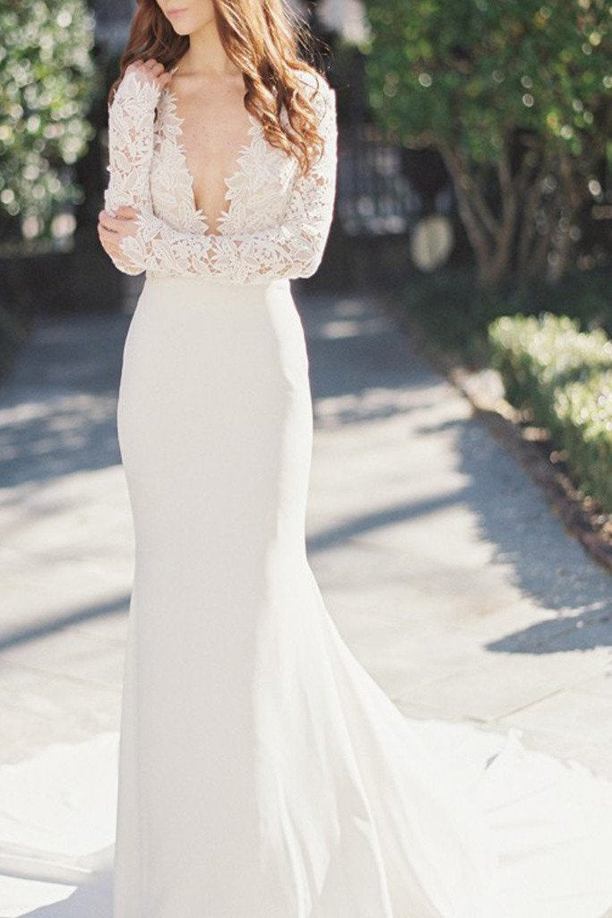 White Mermaid Deep V-Neck Long Sleeve Lace Wedding Dresses, MW195 White Mermaid Deep V-Neck Long Sleeve Lace Wedding Dresses, MW195