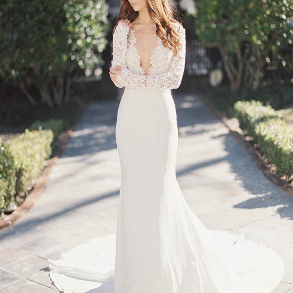 White Mermaid Deep V-Neck Long Sleeve Lace Wedding Dresses, MW195 White Mermaid Deep V-Neck Long Sleeve Lace Wedding Dresses, MW195