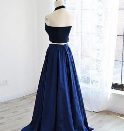 Dark Navy Two Piece Halter Satin Long Prom Dress, Formal Dresses, MP183
