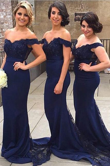 Navy Blue Mermaid Off Shoulder Lace Satin Long Bridesmaid Dresses, MB176 Navy Blue Mermaid Off Shoulder Lace Satin Long Bridesmaid Dresses, MB176