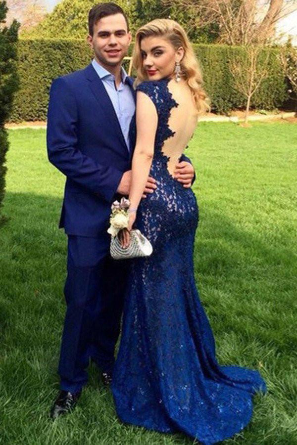 Royal Blue Mermaid Lace Backless Floor-Length Long Prom Dresses, MP294|musebridals.com