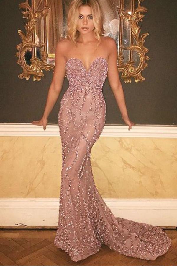 Pink Mermaid Sweep Train Sweetheart Backless Prom Dresses with Sequins, MP344