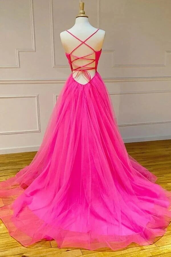 A-line Modest Tulle V-Neck Spaghetti Straps Long Prom Dress with Slit,MP571 | long formal dress | evening dress | prom dress shopping near me | musebridals.com
